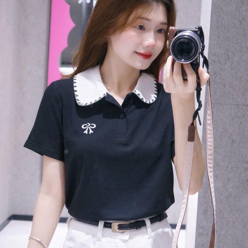 Lista Áo Polo Nữ  thiết kế Thêu Nơ cổ phối điệu đà - Cotton tổ ong sang trọng thanh lịch đủ  size tới 85 Kg (M18)