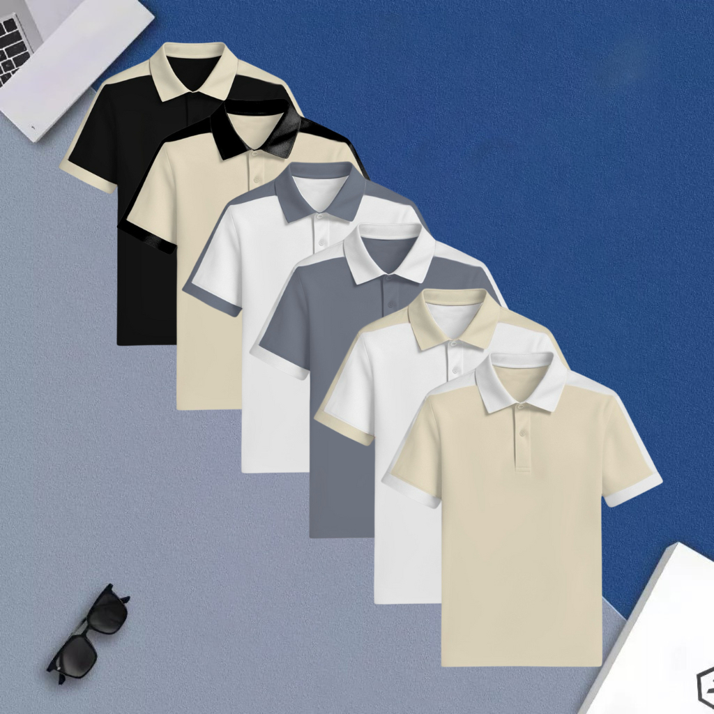 Áo Thun Polo Basic Nam Phối Cầu Vai Chất Vải Cá Sấu Co Giãn 4 Chiều, Thoáng Mát